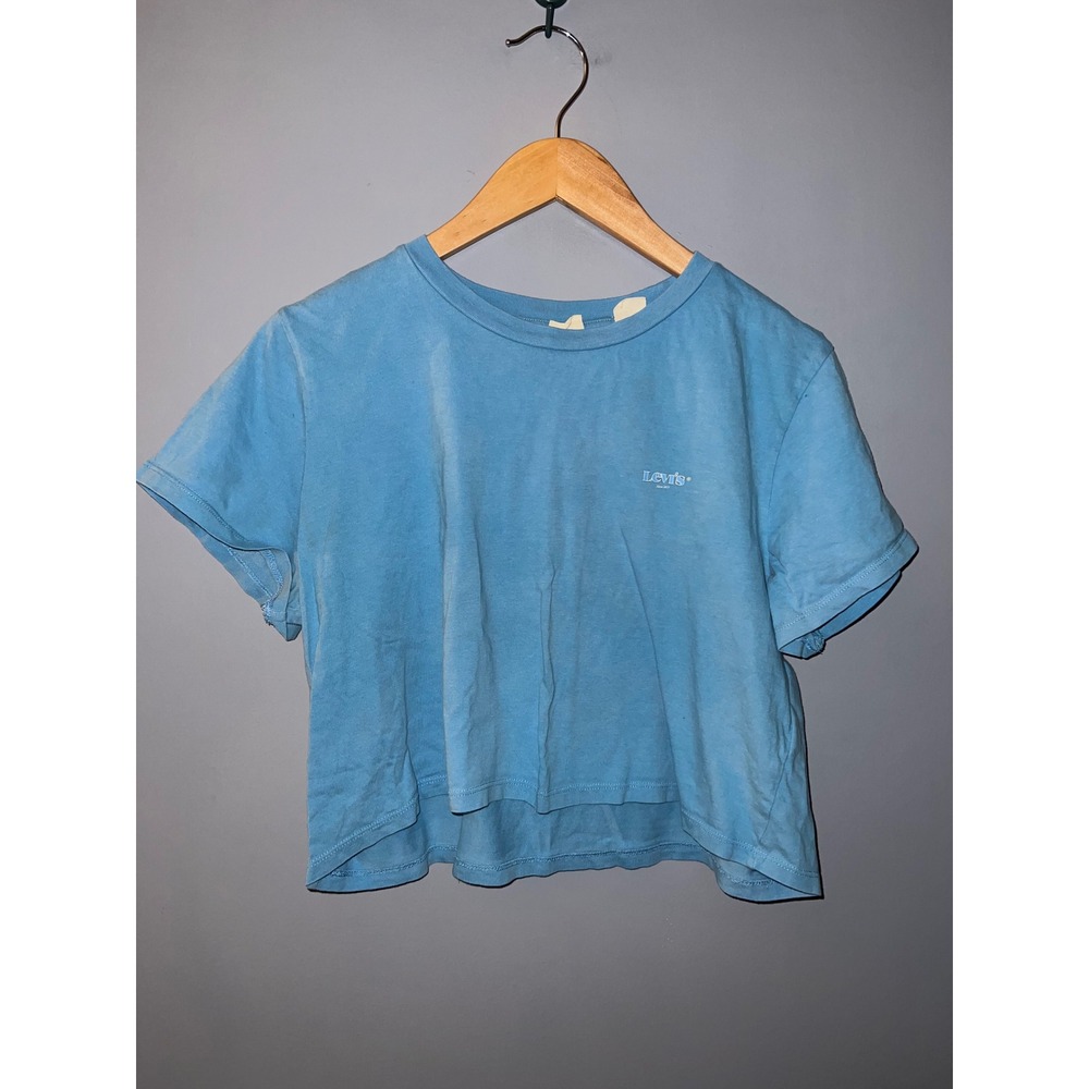 Levis Womens Large Light Blue Cropped Short Sleeve Graphic Logo T-Shirt Boxy Fit